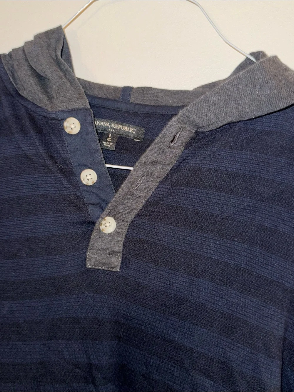 Banana Republic Striped Hooded Henley Shirt - Navy & Charcoal